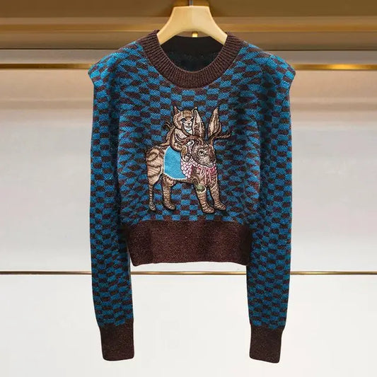 Cartoon Embroidered Argyle Knit Sweater For Women Crop Tops Knitwear Autumn Winter Long Sleeve O-neck Vintage Chic Jumpers